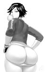  ass big_hero_6 bubble_blowing chewing_gum cowboy_shot fingerless_gloves gloves gogo_tomago greyscale highres jacket looking_down lvl_(sentrythe2310) monochrome panties panty_pull short_hair signature simple_background solo thighs underwear white_background 