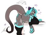  &lt;3 2015 ahegao anthro blush bow butt clothing cum cum_inside english_text female flower fur grey_fur hair hindpaw legwear long_tail looking_at_viewer mammal markings mustelid open_mouth otter pawpads paws plant pussy stockings tamyra teal_fur teal_hair teal_markings text 