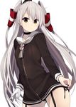  amatsukaze_(kantai_collection) black_panties collar garter_straps gloves hat itsui_(dihydrogenmonoxid) kantai_collection long_hair mini_hat panties sailor_collar see-through side-tie_panties silver_hair simple_background single_glove solo suspenders two_side_up underwear white_background white_gloves yellow_eyes 