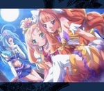  amanogawa_kirara blonde_hair blue_eyes blue_hair commentary_request cure_flora cure_mermaid cure_twinkle earrings go!_princess_precure haruno_haruka highres inoshishi_(ikatomo) jewelry kaidou_minami long_hair magical_girl midriff moon multicolored_hair multiple_girls navel orange_hair precure purple_eyes seashell_earrings twintails two-tone_hair 