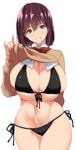  bikini bikini_top blue_eyes breasts brown_hair curvy grin groin highres huge_breasts kloah looking_at_viewer navel purple_hair ribbon shirt_lift short_hair simple_background skindentation smile solo swimsuit thighs white_background wide_hips 