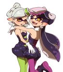  2girls artist_request blush clothing duo ear_piercing fangs female gloves hair inkling looking_at_viewer looking_back multiple_girls piercing purple_hair simple_background splatoon tentacle_hair tentacles white_hair yellow_eyes 