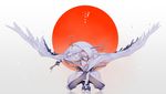  hood japanese_clothes katana male_focus miyamotokannn solo squatting sword touken_ranbu tsurumaru_kuninaga weapon white_hair wings yellow_eyes 