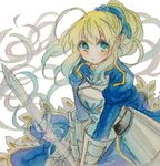  alternate_hairstyle armor armored_dress artoria_pendragon_(all) bad_id bad_pixiv_id blonde_hair dress excalibur fate/stay_night fate_(series) fina_(sa47rin5) highres ponytail saber solo traditional_media watercolor_(medium) wind 
