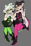  2girls aori_(splatoon) bare_shoulders black_hair boots choker cousins double_v earrings fangs gloves green_legwear hand_on_hip highres hotaru_(splatoon) ikiru_(ikiusagi) jewelry mole mole_under_eye multiple_girls open_mouth pantyhose pink_legwear pointy_ears short_jumpsuit silver_hair splatoon_(series) splatoon_1 symbol-shaped_pupils tentacle_hair tentacles twitter_username v yellow_eyes 