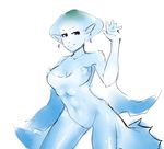  bald blue_skin breasts cleavage cowboy_shot drawfag earrings fins fish_girl jewelry large_breasts monster_girl older pointy_ears princess_ruto purple_eyes sketch smile solo the_legend_of_zelda the_legend_of_zelda:_ocarina_of_time waving zora 