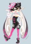  absurdres aori_(splatoon) bare_shoulders black_hair choker earrings fangs food_themed_clothes fusante gloves hat highres jewelry mole mole_under_eye one_eye_closed open_mouth pantyhose pink_legwear pointy_ears short_jumpsuit splatoon_(series) splatoon_1 symbol-shaped_pupils tentacle_hair tentacles 