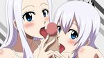  2girls bare_shoulders blue_eyes blush censored collarbone disembodied_penis fairy_tail fellatio highres licking lisanna_strauss looking_at_viewer mirajane_strauss mosaic_censoring multiple_girls open_mouth oral penis short_hair siblings simple_background sisters teamwork threesome tongue tongue_out 