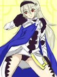  1girl armor black_panties breasts female fire_emblem fire_emblem_if kamui_(fire_emblem) long_hair my_unit_(fire_emblem_if) nintendo panties pointy_ears red_eyes smile spread_legs underwear white_hair 