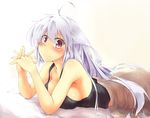  ahoge animal_ears bed_sheet blanket blush breasts brown_eyes hands_clasped large_breasts long_hair lying on_stomach original own_hands_together rinrin_(927413) silver_hair smile solo tank_top 