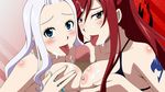  2girls areolae bikini bikini_top black_eyes blue_eyes blush breast_press breast_squeeze breasts censored cum cum_on_body cum_on_breasts cum_on_hair cum_on_upper_body disembodied_penis erza_scarlet facial fairy_tail highres large_breasts long_hair looking_at_viewer mirajane_strauss mosaic_censoring multiple_girls multiple_paizuri nipples paizuri penis red_hair simple_background smile swimsuit tattoo teamwork threesome tongue white_hair 