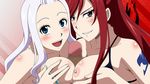 2girls areolae bikini bikini_top black_eyes blue_eyes blush breast_press breast_squeeze breasts censored disembodied_penis erza_scarlet fairy_tail highres large_breasts long_hair looking_at_viewer mirajane_strauss mosaic_censoring multiple_girls multiple_paizuri nipples open_mouth paizuri penis red_hair simple_background smile swimsuit tattoo teamwork threesome white_hair 