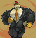  abs abstract_background belt biceps big_muscles bowser bulge clothing hair horn koopa male mario_bros muscles necktie nintendo red_hair reptile ripped-saurian scalie solo suit undressing video_games 