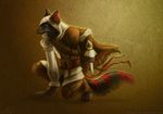  2015 anthro assassin&#039;s_creed belt black_fur blade blue_eyes canine claws clothing coat dog ezio_auditore fur kneeling male mammal naira pants pawpads paws portrait red_fur red_stripes solo video_games 