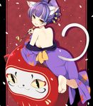  :3 animal_ears bare_back barefoot breasts cat_ears cat_tail daru_dayu from_above highres japanese_clothes kimono kiseru looking_back medium_breasts multicolored_hair off_shoulder oiran open_mouth petals pipe purple_hair show_by_rock!! sideboob slit_pupils solo tail toenail_polish wara_(warapro) yellow_eyes 