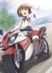  absurdres bike_shorts boots brown_eyes brown_hair ground_vehicle hand_on_forehead headband headgear highres kantai_collection looking_up military military_uniform motor_vehicle motorcycle open_mouth pleated_skirt red_skirt riding satou_daiji short_hair skirt solo taihou_(kantai_collection) thigh_boots thighhighs uniform yamaha yamaha_yzf-r1 