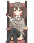  alternate_costume black_legwear brown_eyes brown_hair brown_skirt commentary cosplay crossed_legs deerstalker hat highres kantai_collection magatama max_melon pleated_skirt ryuujou_(kantai_collection) sherlock_holmes sherlock_holmes_(cosplay) short_hair simple_background sitting skirt smile solo the_adventures_of_sherlock_holmes thighhighs twintails white_background 