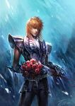  blonde_hair bouquet cygnus_hyouga eyepatch flower fooltown highres male_focus rain saint_seiya solo 