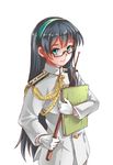  admiral_(kantai_collection) admiral_(kantai_collection)_(cosplay) aiguillette aqua_hairband black_hair blue_eyes cosplay epaulettes glasses gloves hairband highres kantai_collection long_hair longmei_er_de_tuzi military military_uniform ooyodo_(kantai_collection) pointer semi-rimless_eyewear solo tassel under-rim_eyewear uniform white_gloves 