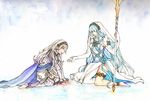  anklet aqua_(fire_emblem_if) armor barefoot blood blood_on_face blue_hair cape crying dress elbow_gloves female_my_unit_(fire_emblem_if) fire_emblem fire_emblem_if gloves hair_between_eyes hair_ornament hairband jewelry long_hair multiple_girls my_unit_(fire_emblem_if) pointy_ears polearm red_eyes spear toeless_legwear veil very_long_hair weapon yellow_eyes 