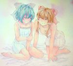  acrylic_paint_(medium) all_fours alternate_costume arm_holding bare_arms barefoot blue_eyes blue_hair breasts brown_hair cirno cleavage graphite_(medium) hair_ribbon hair_tubes hakurei_reimu highres looking_at_another looking_down medium_breasts multiple_girls nightgown on_bed red_eyes ribbon short_hair sidelocks sitting touhou traditional_media wariza watercolor_(medium) yuyu_(00365676) 