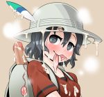  1girl backpack bag black_eyes black_hair blush booth_tomato bukkake censored condom condom_in_mouth cum cum_on_body cum_on_upper_body dildo egg_vibrator feathers hat hat_feather heavy_breathing kaban_(kemono_friends) kemono_friends looking_at_viewer mouth_hold sex_toys shirt short_hair simple_background sweat used_condom vibrator 