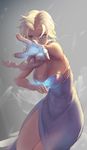  blonde_hair blue_dress blue_eyes braid capelet cowboy_shot dress elsa_(frozen) frozen_(disney) glowing glowing_eyes grey_background long_hair looking_at_viewer monochrome_background off_shoulder outstretched_arm pandea_work reaching_out serious single_braid sketch solo 