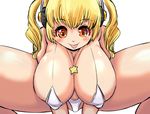  :p bikini blonde_hair breasts cleavage gloves headphones huge_breasts looking_down nanashi_mushi nitroplus red_eyes short_hair simple_background solo spread_legs squatting super_pochaco swimsuit thick_thighs thighs tongue tongue_out twintails white_bikini white_gloves 