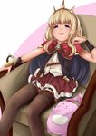  bad_id bad_pixiv_id blonde_hair blush brown_eyes cagliostro_(granblue_fantasy) cagliostro_(granblue_fantasy)_(cosplay) cape cosplay crown futaba_anzu gloves granblue_fantasy idolmaster idolmaster_cinderella_girls kirieppa long_hair open_mouth sitting solo stuffed_animal stuffed_bunny stuffed_toy thighhighs twintails 