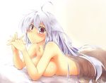  ahoge animal_ears bed_sheet blanket blush breasts brown_eyes hands_clasped large_breasts long_hair lying on_stomach original own_hands_together rinrin_(927413) silver_hair smile solo topless 