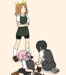  bdsm bike_shorts black_hair bondage bound bound_wrists brown_hair crossed_arms hair_ornament hair_ribbon ikusuke ishidaki kagerou_(kantai_collection) kantai_collection kneeling kuroshio_(kantai_collection) multiple_girls no_gloves pink_hair ponytail ribbon school_uniform seiza shiranui_(kantai_collection) shoes_removed short_hair short_sleeves shorts shorts_under_skirt sitting skirt torture twintails vest yellow_ribbon 