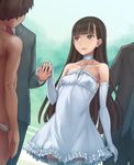  3boys abubu bare_shoulders black_hair borrowed_character breasts brown_eyes choker commentary day dress elbow_gloves formal gloves holding_hands karasuma_sachiko multiple_boys necktie original outdoors small_breasts standing suit thighhighs underwear underwear_only zettai_ryouiki 