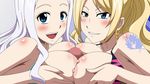  2girls areolae bikini_top blonde_hair blue_eyes blush breast_press breast_squeeze breasts censored disembodied_penis earrings fairy_tail highres jenny_realight jewelry large_breasts long_hair looking_at_viewer mirajane_strauss mosaic_censoring multiple_girls multiple_paizuri nipples open_mouth paizuri penis ponytail simple_background smile tattoo teamwork threesome white_hair 