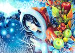  acorn ajico_(id_10417713) apple bad_id bad_pixiv_id bare_tree black_hair food fruit fur_trim gloves hat hood leaf lips lipstick looking_at_viewer makeup original plant santa_hat snowflakes solo tree upper_body white_gloves winter 