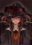  absurdres bad_id bad_pixiv_id bouno_satoshi braid brown_hair capelet fire flame flower freckles glasses hair_over_shoulder hat highres horns long_hair looking_at_viewer orange_eyes original rain red_flower red_rose ribbon rose solo twin_braids upper_body wet witch witch_hat 