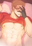  abs blush brown_hair glasses gloves hand_on_own_face julius_will_kresnik kamiya_(mennu) male_focus muscle nipples on_bed pillow shirt_lift single_glove solo tales_of_(series) tales_of_xillia tales_of_xillia_2 