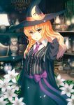  alternate_costume blonde_hair bow braid bust_(sculpture) candlestand chandelier clock crescent_moon cross-laced_clothes flower hair_bow hakurei_reimu hand_in_hair hat highres kirisame_marisa lamp long_hair moon necktie oil_lamp shelf solo ti-tang touhou vase witch_hat yellow_eyes 