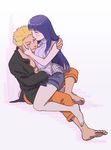  1boy 1girl artist_request barefoot blonde_hair couple hime_cut hyuuga_hinata naruto naruto:_the_last open_shirt purple_hair risuo shirt short_shorts sitting_on_lap uzumaki_naruto 