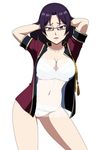  1girl arms_up bra breasts cleavage female glasses highres large_breasts legs lingerie long_hair looking_at_viewer navel open_clothes panties pink_eyes purple_hair ridget_(suisei_no_gargantia) see-through simple_background solo standing suisei_no_gargantia thighs underwear white_background white_bra white_panties 