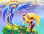  2015 avian bird blue_fur book cloud cutie_mark duo equine female feral fluttershy_(mlp) flying friendship_is_magic fur hair hi_res hooves long_hair mammal multicolored_hair my_little_pony outside pegasus pink_hair rainbow rainbow_dash_(mlp) rainbow_hair raining smile viwrastupr wings yellow_fur 