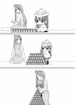  3koma :| ^_^ apron closed_eyes closed_mouth comic concentrating greyscale holding house_of_cards kindergarten_teacher kindergarten_uniform lifting_person long_hair love_live! love_live!_school_idol_project minami_kotori monochrome multiple_girls murata_(igaratara) one_side_up paper_hat paper_kabuto seiza silent_comic sitting sonoda_umi tiptoes trembling v-shaped_eyebrows younger 
