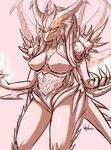  2012 anthro armor breasts claws clothed clothing diablo dragon female horn looking_at_viewer scalie sketch skykain smile solo spikes teeth unconvincing_armor video_games yellow_eyes 