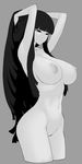  arms_up breasts cropped_legs greyscale highres hime_cut houraisan_kaguya large_breasts long_hair monochrome navel nipples nude solo space_jin thick_thighs thighs touhou very_long_hair wide_hips 