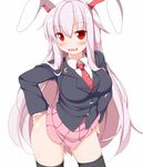  animal_ears bad_id bad_pixiv_id black_legwear blazer blush breasts bunny_ears bunny_tail jacket large_breasts long_hair looking_at_viewer miniskirt necktie nikku_(ra) open_mouth red_eyes red_neckwear reisen_udongein_inaba silver_hair simple_background skirt skirt_lift smile solo tail thighhighs touhou very_long_hair white_background 