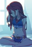  barefoot belt closed_eyes crop_top cutoffs denim denim_shorts hand_in_hair highres himukai_yuuji indian_style long_hair messy_hair midriff navel official_art racoona_sheldon red_hair ribs scan sekaiju_no_meikyuu shin_sekaiju_no_meikyuu short_shorts shorts sitting tank_top waking_up yellow_eyes 