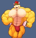  abs abstract_background biceps big_muscles bowser bulge clothing hair horn koopa male mario_bros muscles nintendo nipples pecs red_hair reptile ripped-saurian scalie shell solo speedo swimsuit video_games 