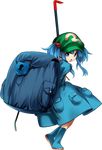  :o backpack bag blue_dress blue_eyes blue_footwear blue_hair boots crowbar dress frown full_body hair_bobbles hair_ornament harukawa_moe hat kawashiro_nitori key lock official_art open_mouth rubber_boots touhou transparent_background twintails urban_legend_in_limbo v-shaped_eyebrows 