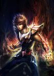  arm_guards armor aura belt black_pants blue_eyes breastplate clenched_hand closed_mouth collarbone cowboy_shot fighting_stance fire flame fooltown lips looking_at_viewer male_focus muscle pants pauldrons phoenix_ikki saint_seiya smile solo spiked_hair standing 