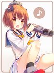  bangs binoculars brown_eyes brown_hair eighth_note hair_ornament kantai_collection long_hair musical_note panties school_uniform short_hair smile umeko_machi underwear yukikaze_(kantai_collection) 