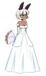  animal_ears arms_behind_back bare_shoulders blue_eyes blush bob_cut breasts cat_ears cleavage dark_skin dress elbow_gloves fang full_body gloves long_dress medium_breasts metal_breakdown ms._fortune_(skullgirls) off-shoulder_dress off_shoulder short_hair skullgirls slit_pupils smile solo wedding_dress white_dress white_hair 